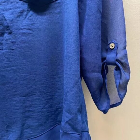 Express Ladies Blouse Small Royal Blue Semi Sheer 3/4 Roll Tab Sleeves V-Neck - Picture 2 of 7
